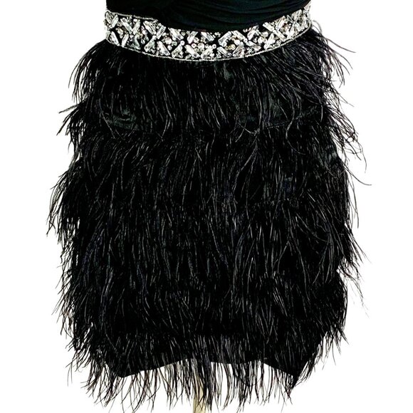 One-Shoulder Pleated Black Tie Feather Cocktail Dress Rhinestone Waist 8 Prom - Picture 5 of 12